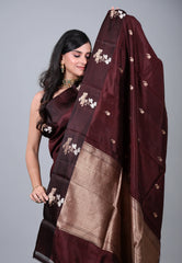 Brown Pure Katan Silk Saree with Blouse Piece - Adi Akshoy & Co.