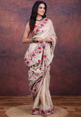 Off White Pure Tussar Parshi Work Silk Saree with Blouse Piece - Adi Akshoy & Co.