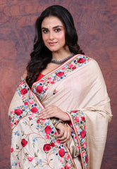 Off White Pure Tussar Parshi Work Silk Saree with Blouse Piece - Adi Akshoy & Co.
