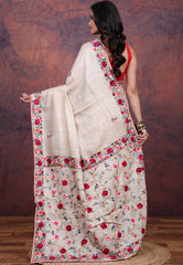 Off White Pure Tussar Parshi Work Silk Saree with Blouse Piece - Adi Akshoy & Co.