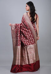 Maroon Pure Meena Katan Silk Saree with Blouse Piece - Adi Akshoy & Co.