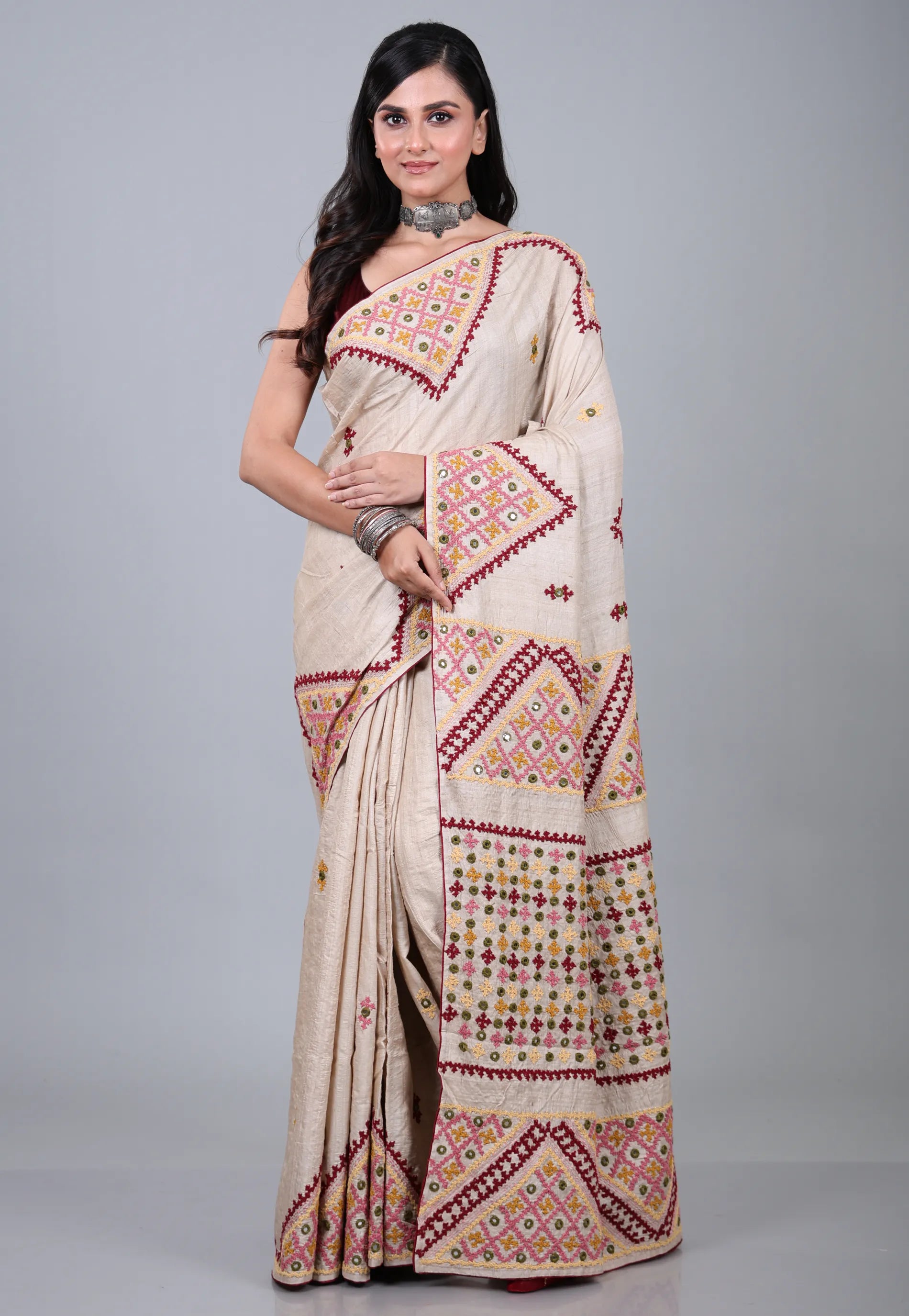 Tussar Colour Pure Tussar Kantha Silk Saree With Blouse Piece - Adi Akshoy & Co.