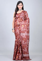 Brown Pure Tussar Dhakai Jamdani Saree with Blouse Piece - Adi Akshoy & Co.