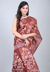 Brown Pure Tussar Dhakai Jamdani Saree with Blouse Piece - Adi Akshoy & Co.