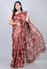 Brown Pure Tussar Dhakai Jamdani Saree with Blouse Piece - Adi Akshoy & Co.