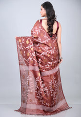 Brown Pure Tussar Dhakai Jamdani Saree with Blouse Piece - Adi Akshoy & Co.