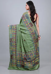 Green Pure Tussar Kantha Silk Saree With Blouse Piece - Adi Akshoy & Co.