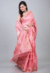 Pink Pure Tussar Dhakai Jamdani Saree with Blouse Piece - Adi Akshoy & Co.