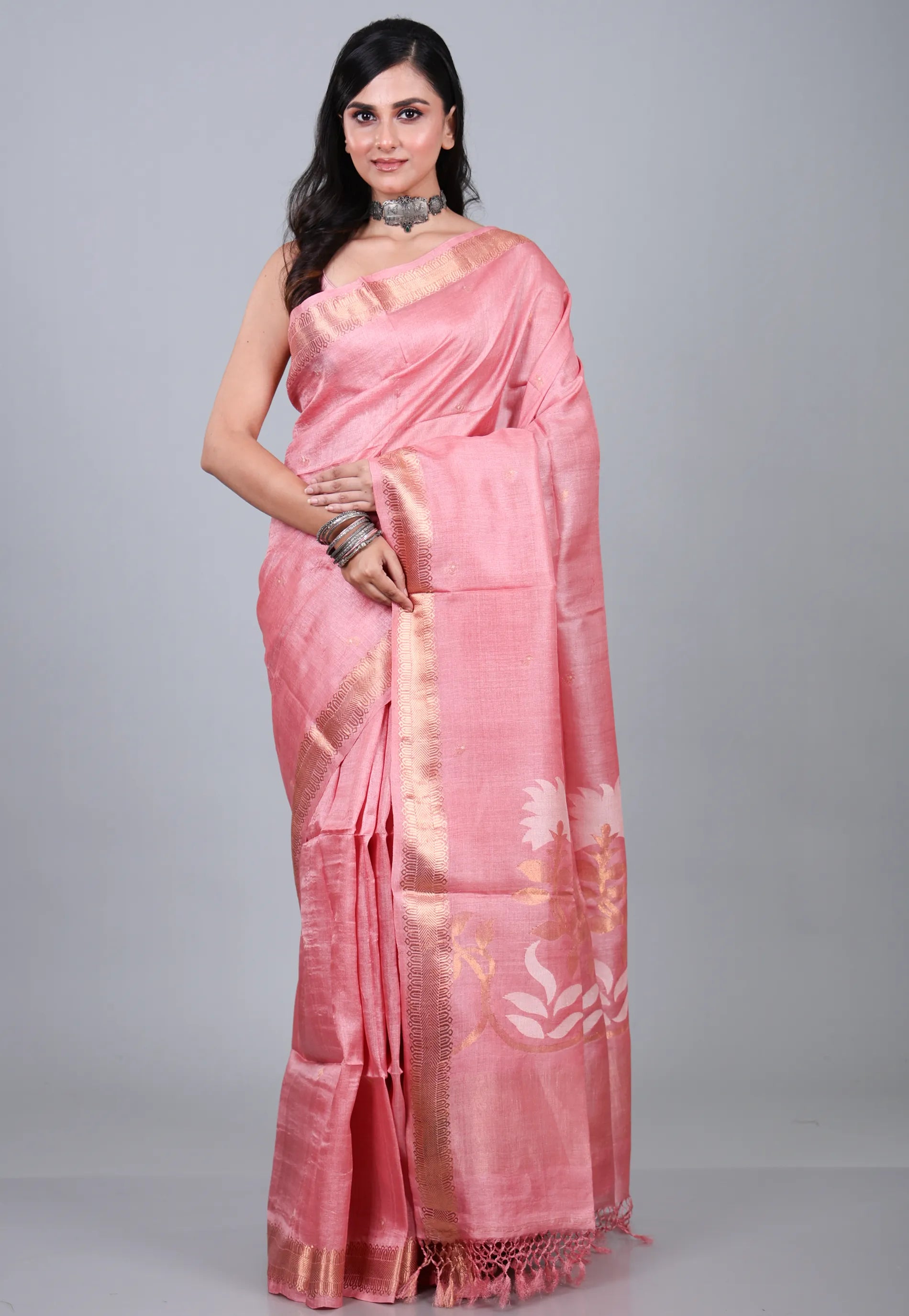 Pink Pure Tussar Dhakai Jamdani Saree with Blouse Piece - Adi Akshoy & Co.