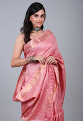 Pink Pure Tussar Dhakai Jamdani Saree with Blouse Piece - Adi Akshoy & Co.