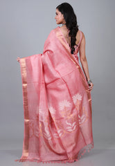 Pink Pure Tussar Dhakai Jamdani Saree with Blouse Piece - Adi Akshoy & Co.