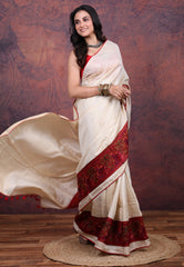 Off White Pure Tussar Kantha Silk Saree With Blouse Piece - Adi Akshoy & Co.