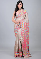 Sand Colour Pure Tussar Kantha Silk Saree With Blouse Piece - Adi Akshoy & Co.