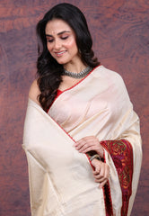 Off White Pure Tussar Kantha Silk Saree With Blouse Piece - Adi Akshoy & Co.