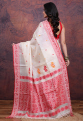 White Pure Tussar Dhakai Jamdani Saree with Blouse Piece - Adi Akshoy & Co.