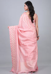 Pink Tussar Kantha Silk Saree With Blouse Piece - Adi Akshoy & Co.