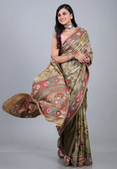 Gray Pure Tussar Kantha Silk Saree With Blouse Piece - Adi Akshoy & Co.