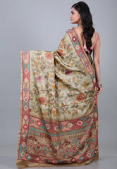Gray Pure Tussar Kantha Silk Saree With Blouse Piece - Adi Akshoy & Co.