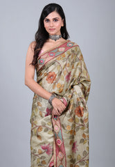Gray Pure Tussar Kantha Silk Saree With Blouse Piece - Adi Akshoy & Co.