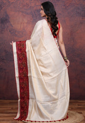Off White Pure Tussar Kantha Silk Saree With Blouse Piece - Adi Akshoy & Co.