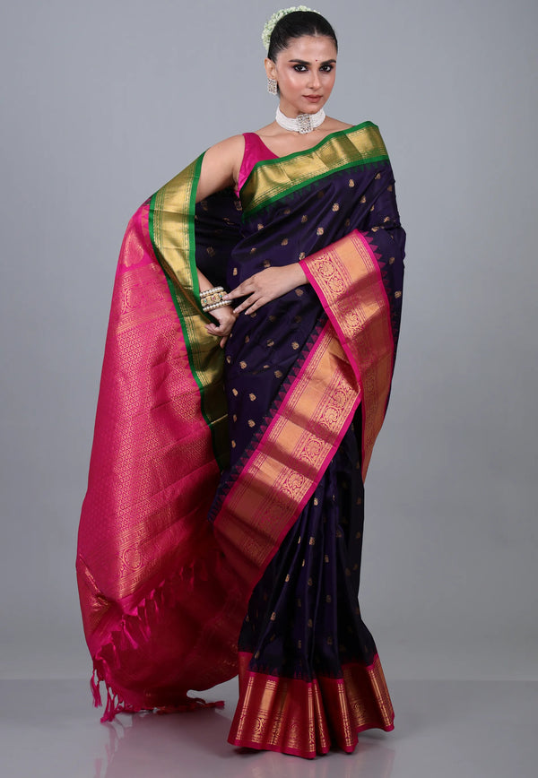 Dark Navy Blue Pure Gadwal Silk Saree With Blouse Piece - Adi Akshoy & Co.