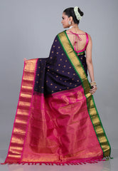 Dark Navy Blue Pure Gadwal Silk Saree With Blouse Piece - Adi Akshoy & Co.