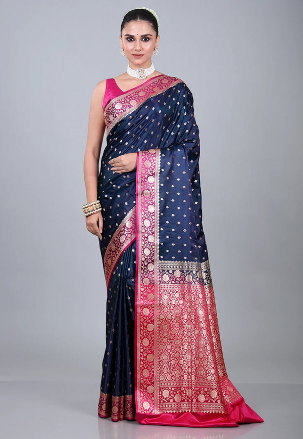 Navy Blue Wedding Banarasi Silk Saree with Blouse Piece - Adi Akshoy & Co.