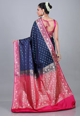 Navy Blue Wedding Banarasi Silk Saree with Blouse Piece - Adi Akshoy & Co.
