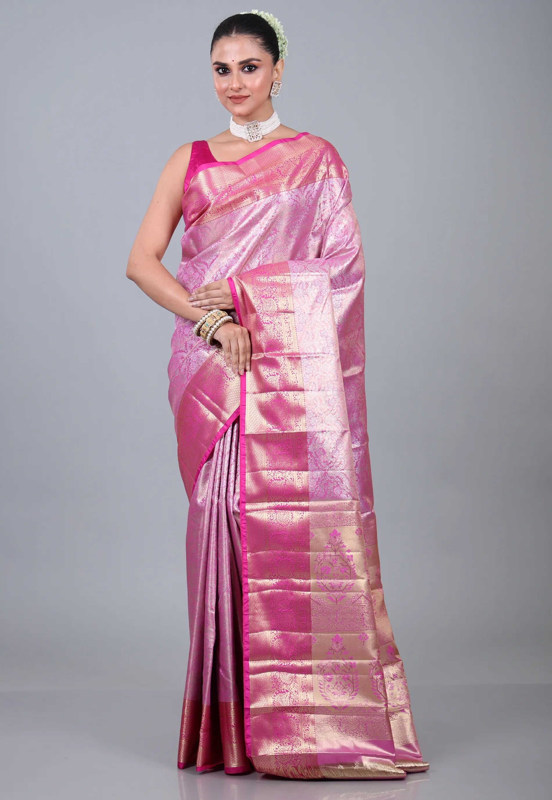 Pink Brocade Tissue Kanjivaram Silk Saree With Blouse Piece - Adi Akshoy & Co.