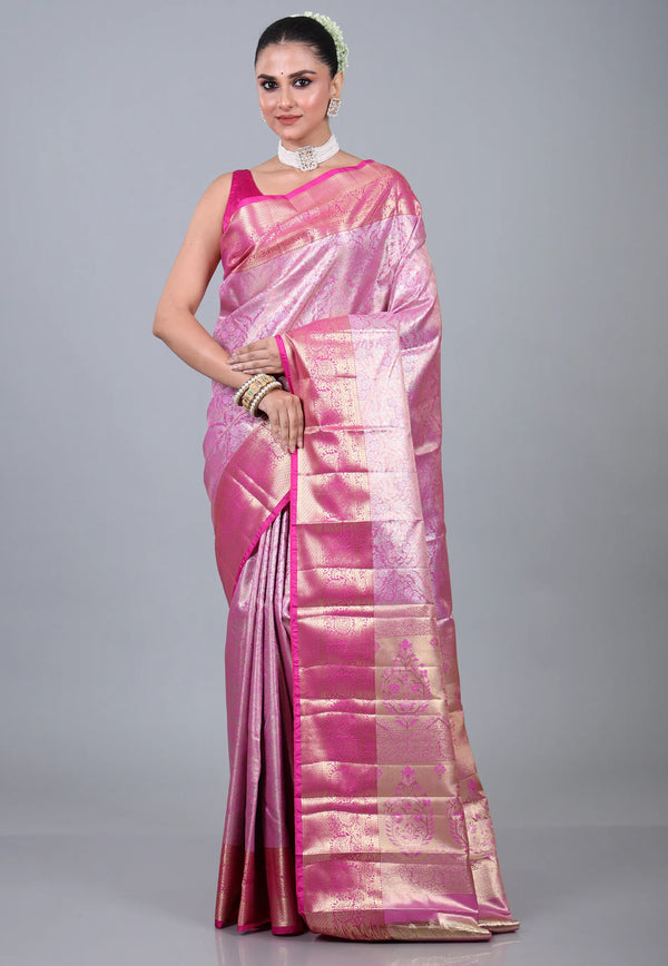 Pink Brocade Tissue Kanjivaram Silk Saree With Blouse Piece - Adi Akshoy & Co.