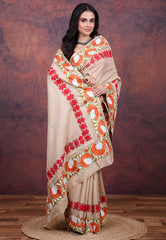 Beige Pure Tussar Kantha Silk Saree With Blouse Piece - Adi Akshoy & Co.