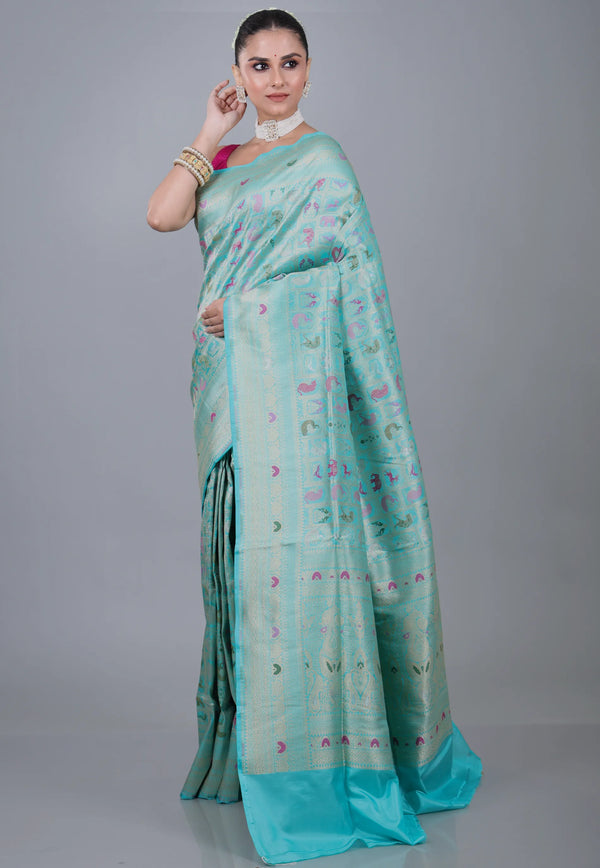 Aqua Blue Pure Shikargah Katan Silk Saree With Blouse Piece - Adi Akshoy & Co.