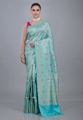 Aqua Blue Pure Shikargah Katan Silk Saree With Blouse Piece - Adi Akshoy & Co.