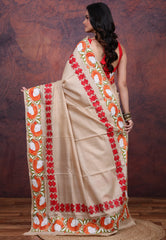 Beige Pure Tussar Kantha Silk Saree With Blouse Piece - Adi Akshoy & Co.