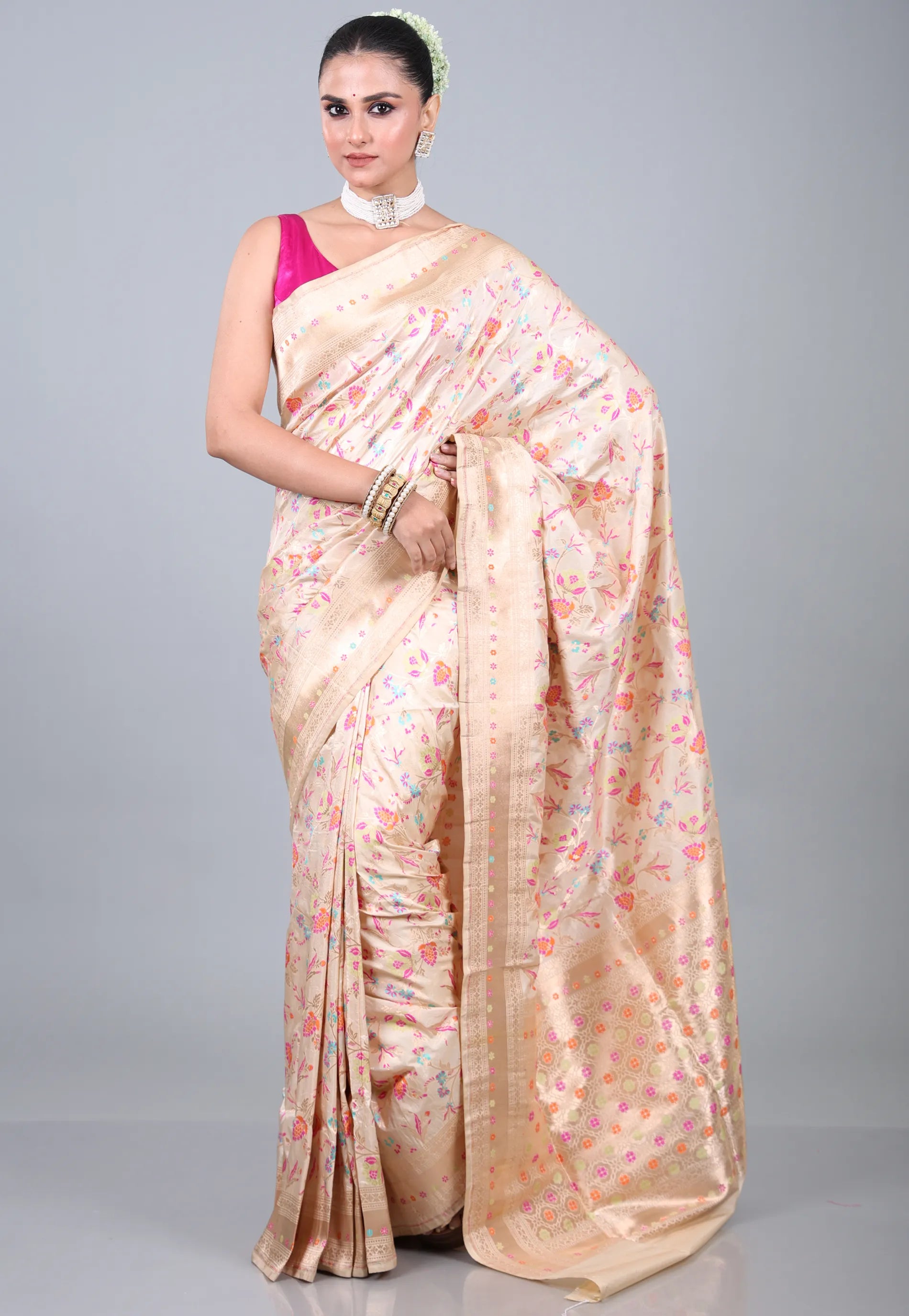Beige Pure Meena Katan Silk Saree with Blouse Piece - Adi Akshoy & Co.