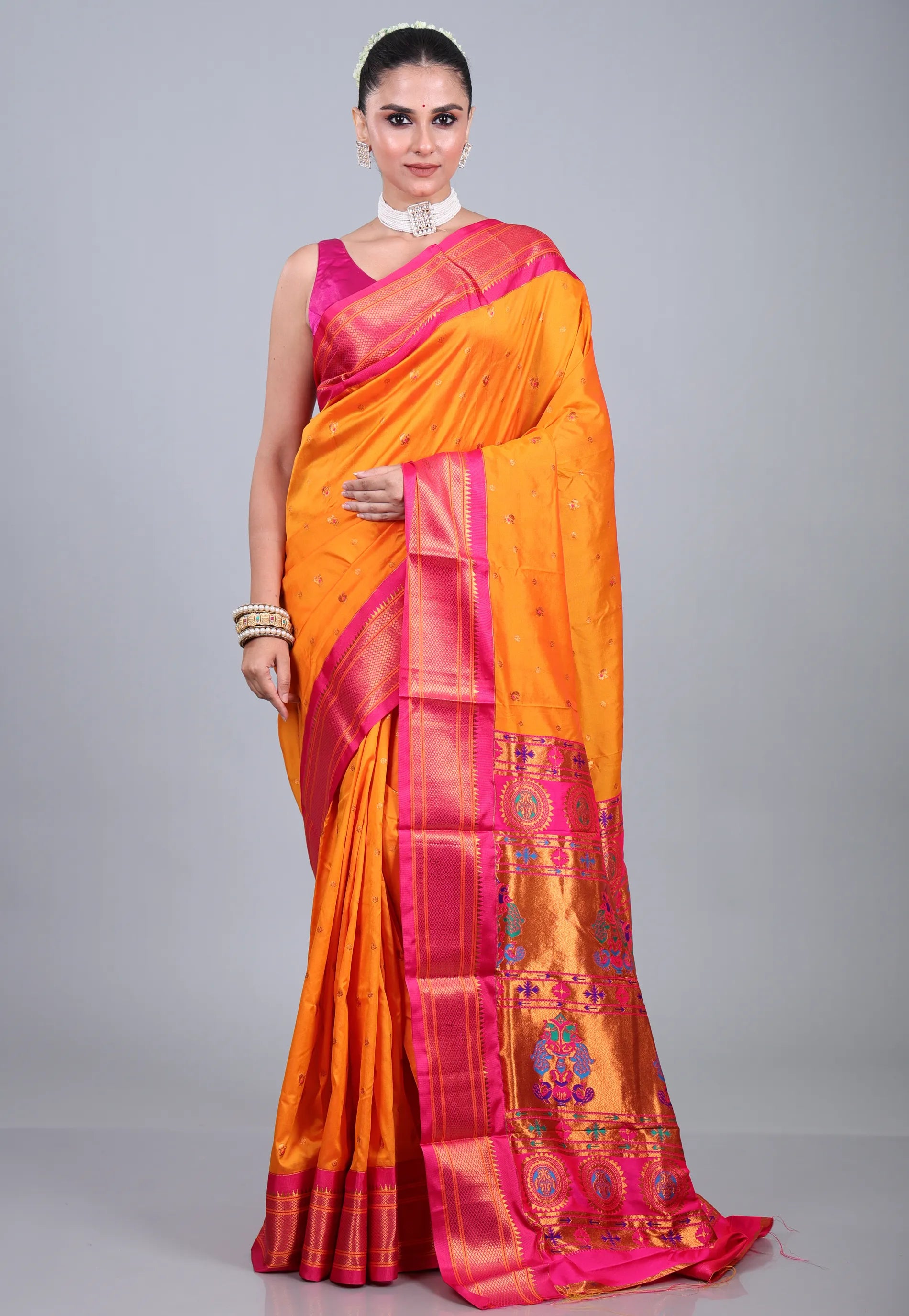 Turmeric Yellow Paithani Silk Saree With Blouse Piece - Adi Akshoy & Co.