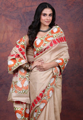 Beige Pure Tussar Kantha Silk Saree With Blouse Piece - Adi Akshoy & Co.