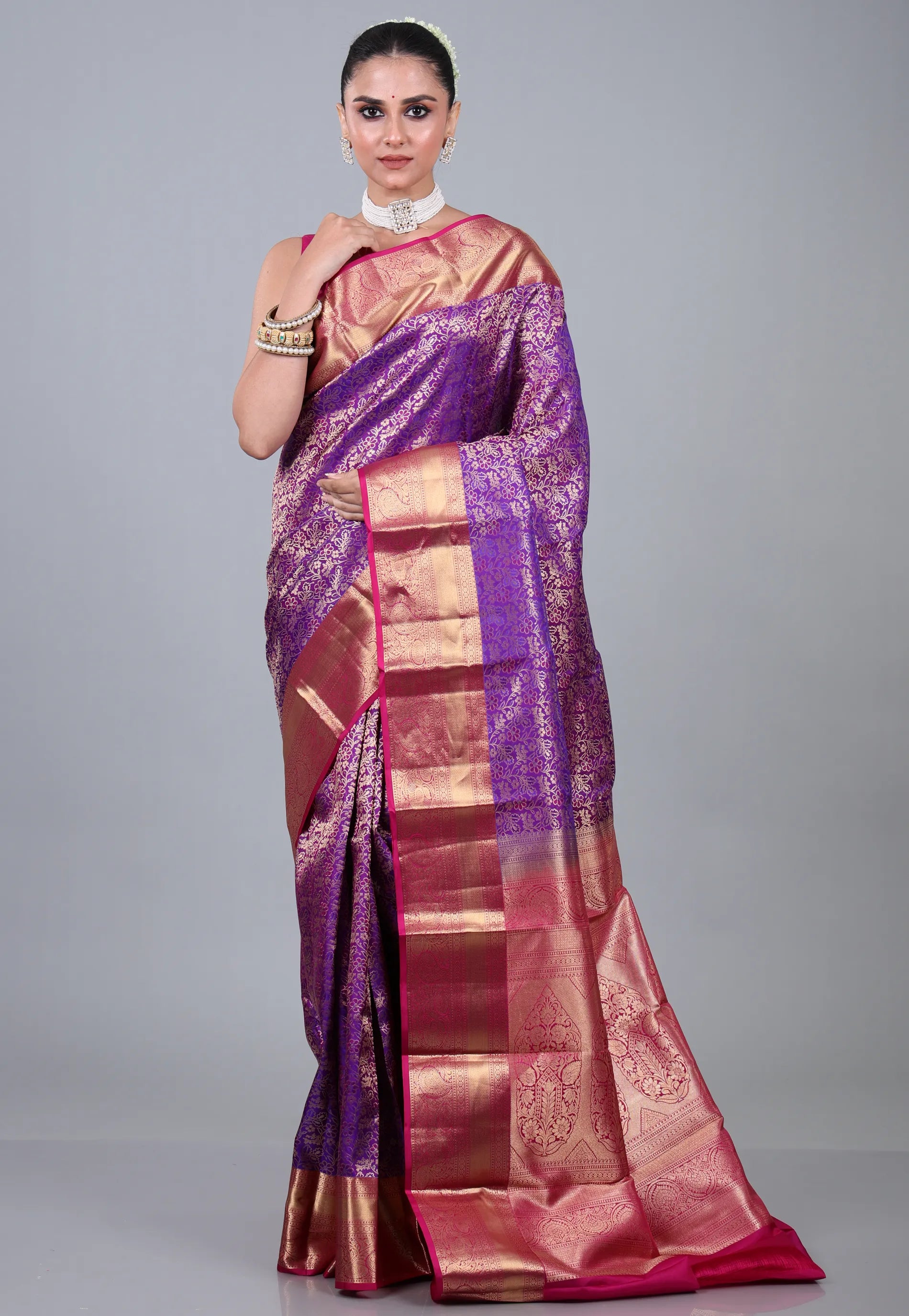 Purple Pure Kanjivaram Silk Saree with Blouse Piece - Adi Akshoy & Co.