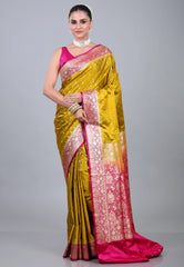 Olive Green Pastel Banarasi Saree With Blouse Piece - Adi Akshoy & Co.