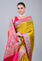 Olive Green Pastel Banarasi Saree With Blouse Piece - Adi Akshoy & Co.