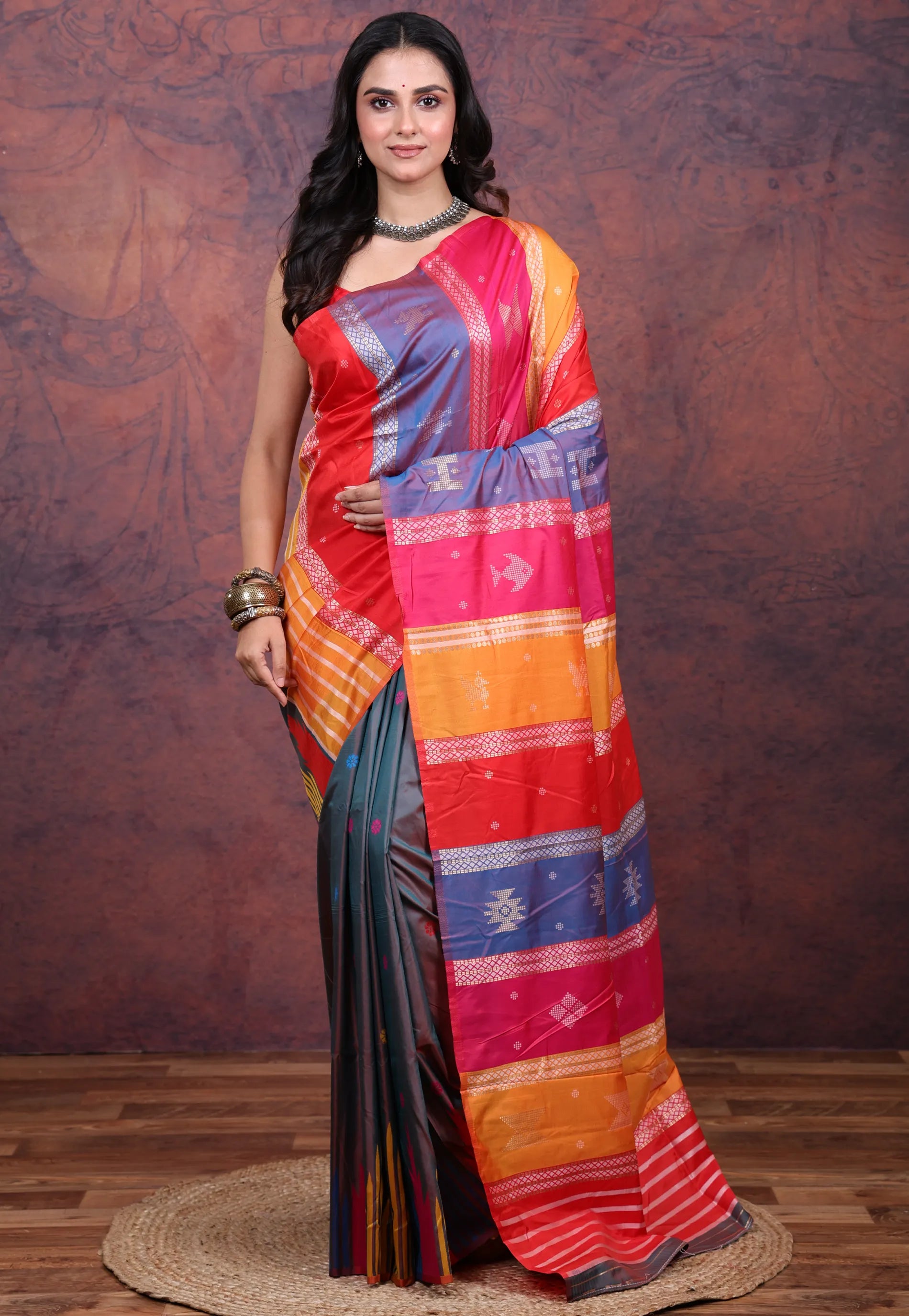 Multi Colour Behrampur Ikkat Silk Saree With Blouse Piece - Adi Akshoy & Co.