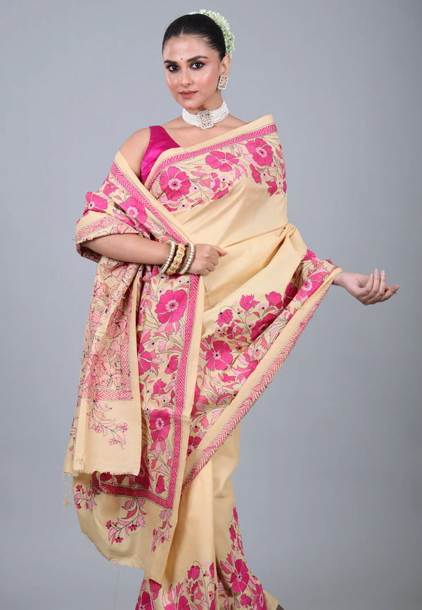 Beige Pure Kantha Silk Saree With Blouse Piece - Adi Akshoy & Co.