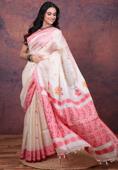 White Pure Tussar Dhakai Jamdani Saree with Blouse Piece - Adi Akshoy & Co.