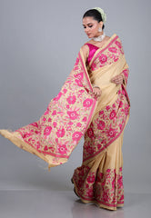 Beige Pure Kantha Silk Saree With Blouse Piece - Adi Akshoy & Co.