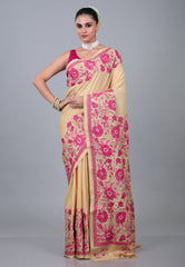 Beige Pure Kantha Silk Saree With Blouse Piece - Adi Akshoy & Co.