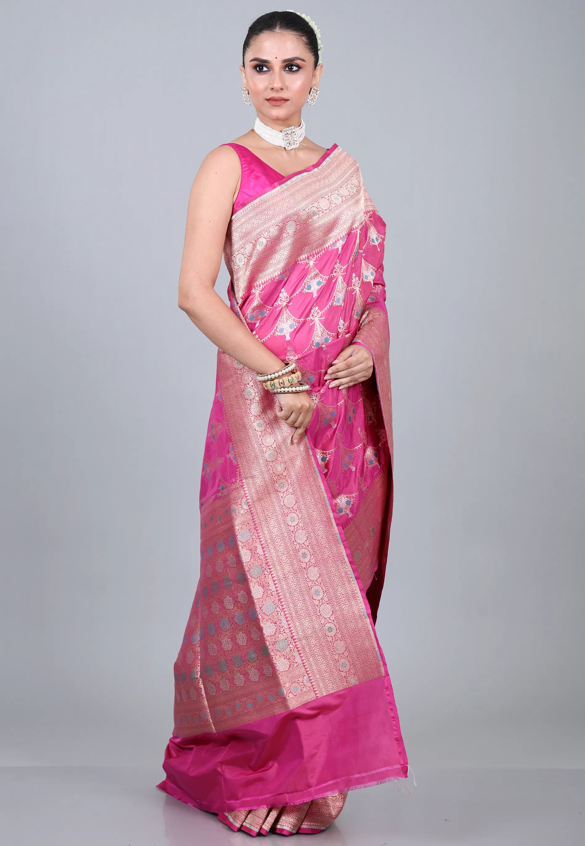 Rani Pink Pure Meena Katan Silk Saree with Blouse Piece - Adi Akshoy & Co.