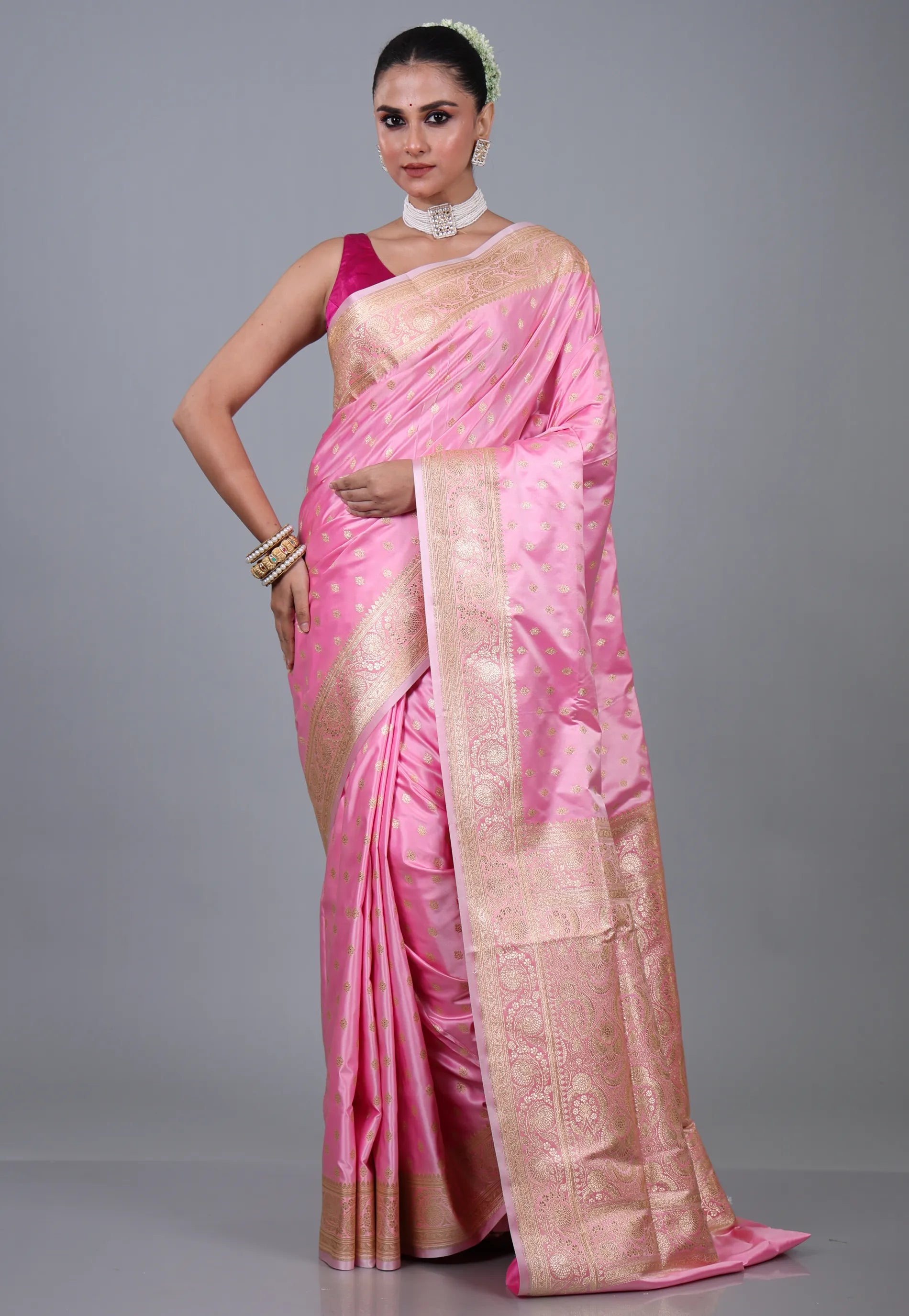 Pink Pastel Banarasi Saree With Blouse Piece - Adi Akshoy & Co.