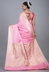Pink Pastel Banarasi Saree With Blouse Piece - Adi Akshoy & Co.