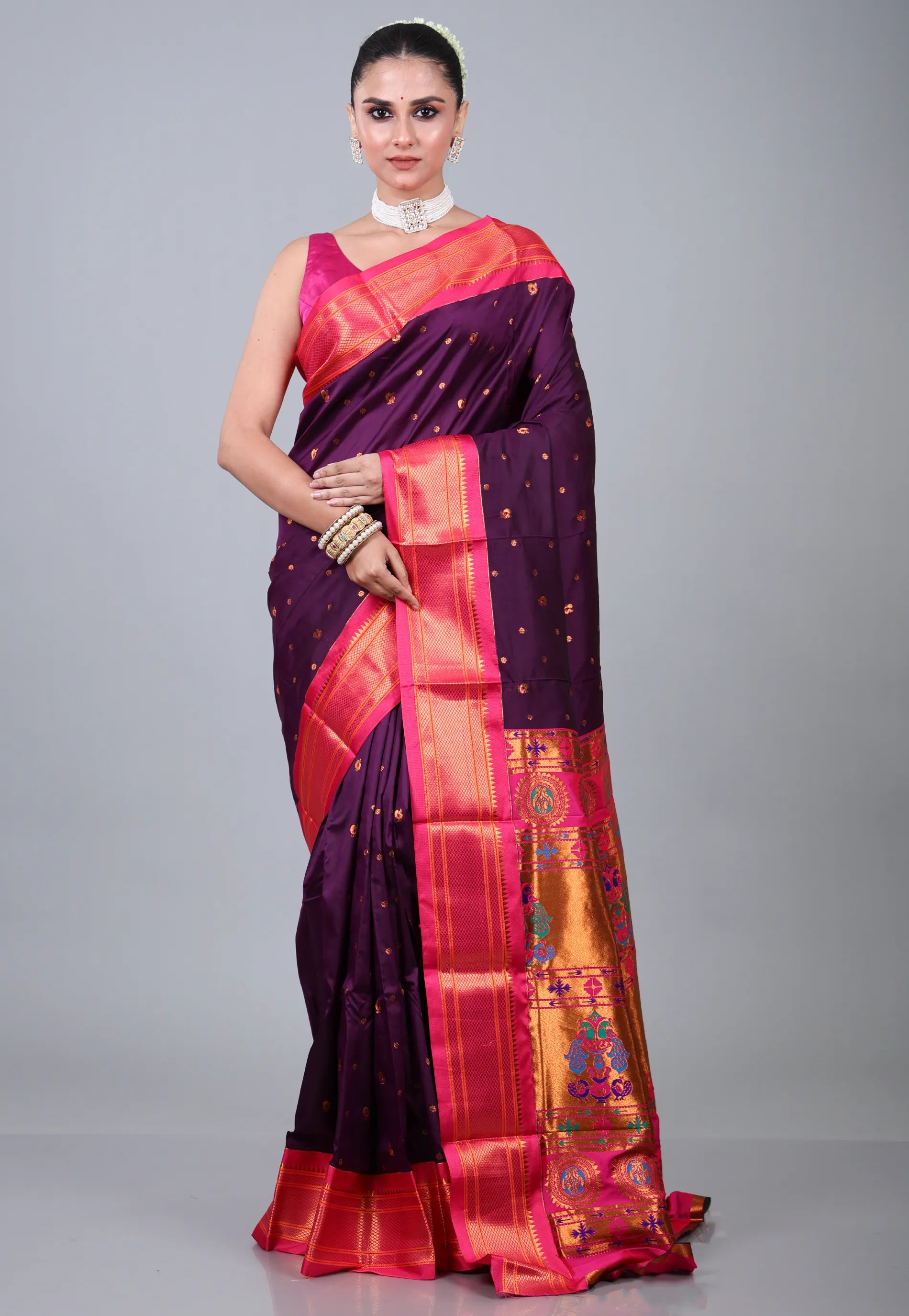 Dark Purple Paithani Silk Saree With Blouse Piece - Adi Akshoy & Co.