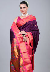 Dark Purple Paithani Silk Saree With Blouse Piece - Adi Akshoy & Co.